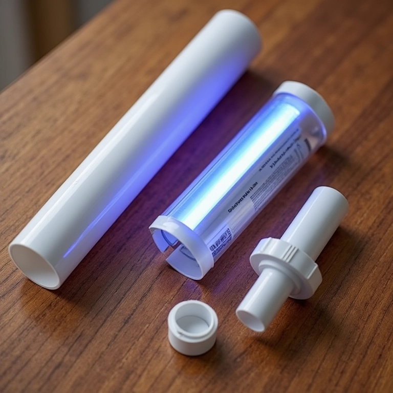 Componentes para filtro UV caseiro dispostos sobre uma mesa de madeira.