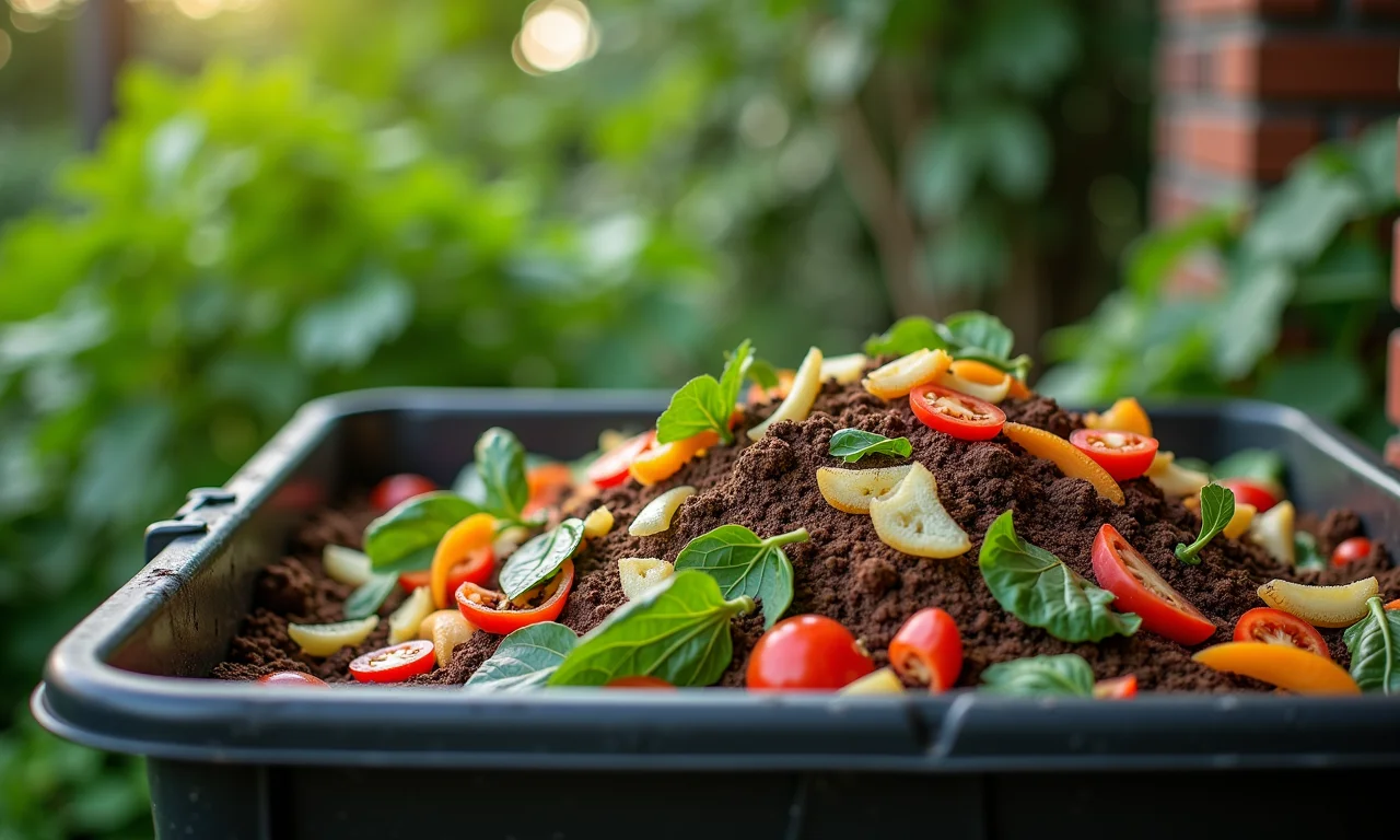 Composteira doméstica em quintal brasileiro com restos orgânicos.