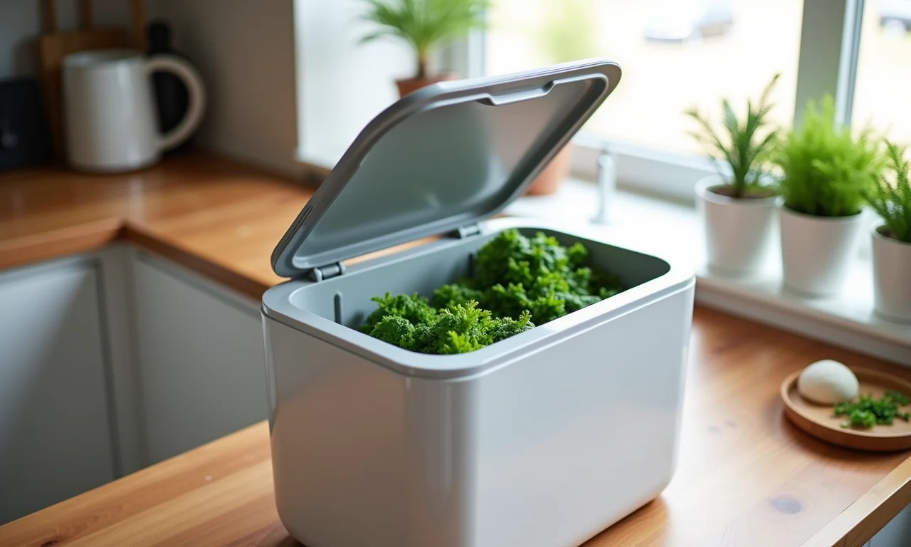 Composteira doméstica moderna em uma cozinha.