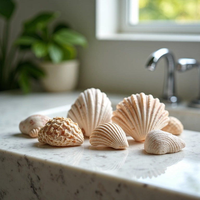 Conchas e pedras do mar decorando a bancada do banheiro.