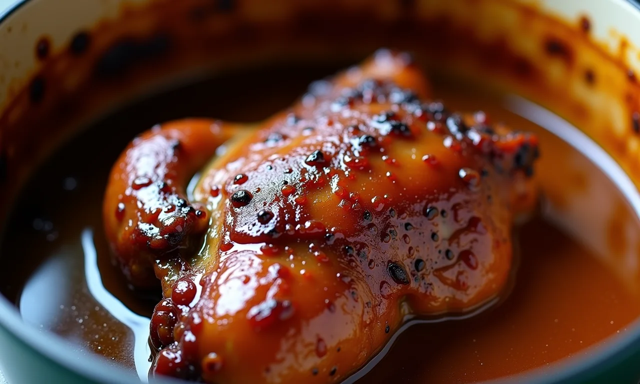 Confit de pato caseiro borbulhando em gordura, pronto para ser saboreado.