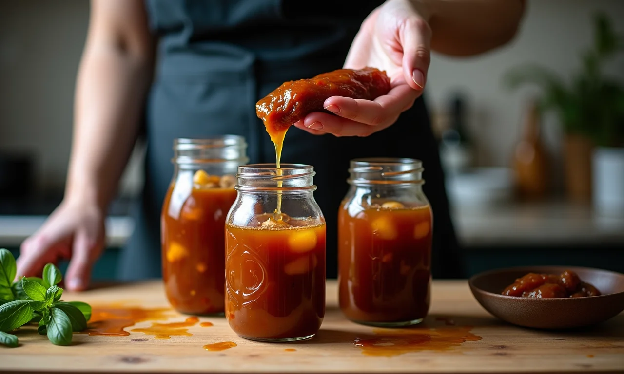 Confit de pato sendo transferido para potes de vidro para conservação.