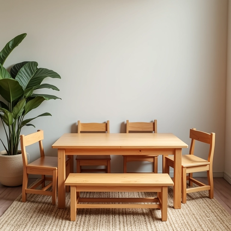 Conjunto perfeito: mesa infantil com cadeiras e bancos.