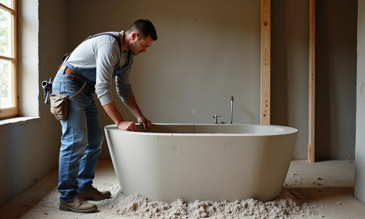 Construção de banheira de alvenaria por um profissional qualificado.