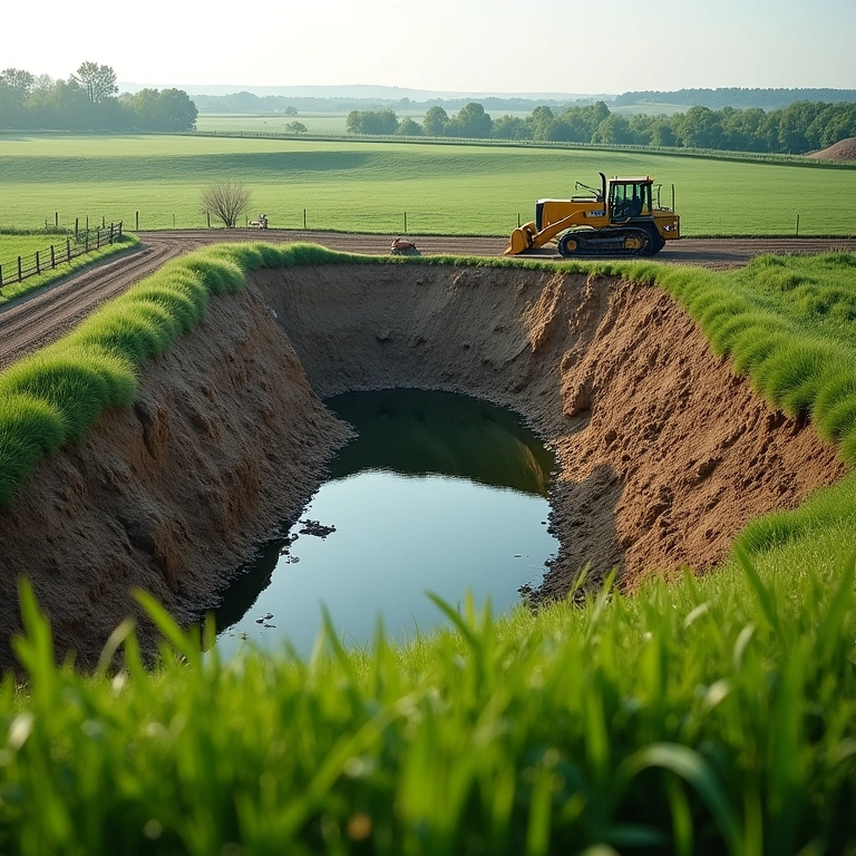Construção de lago artificial em sítio, com escavadeira e grama verde ao redor.
