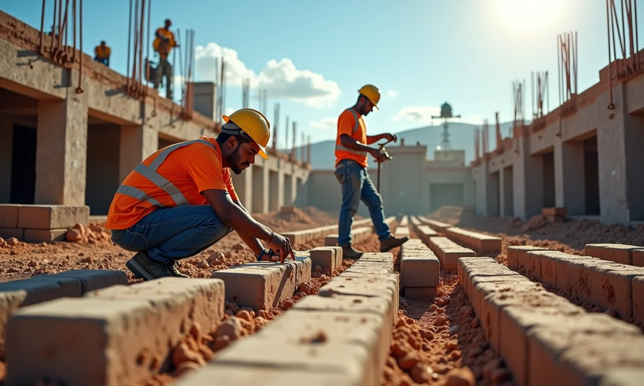 Construção de um sobradinho com trabalhadores e equipamentos.