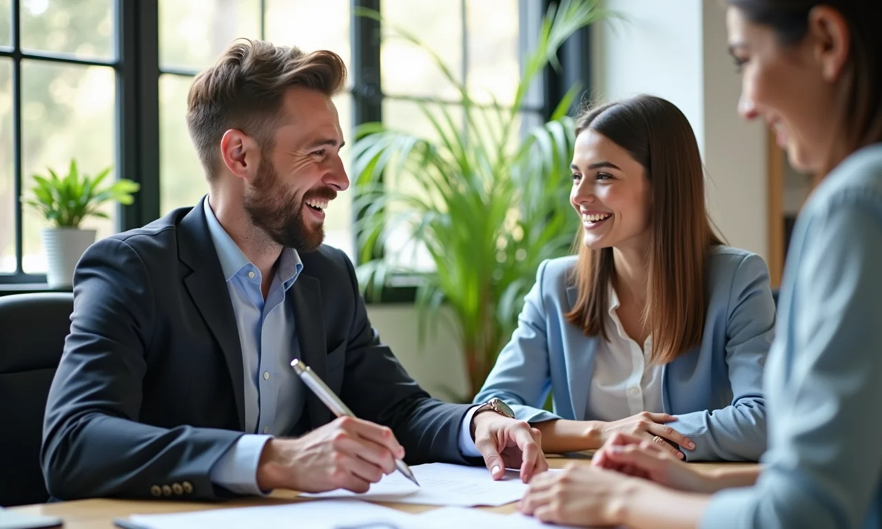 Consultora financeira sorrindo, ajudando jovem com opções de financiamento.