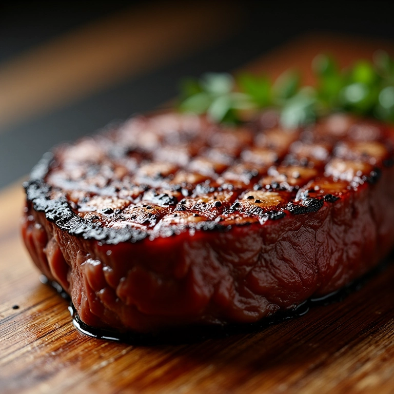 Contrafilé grelhado com detalhes da marmorização, sal e pimenta.