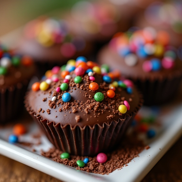 Copinhos de chocolate decorados com granulados, glitter comestível e raspas de chocolate.