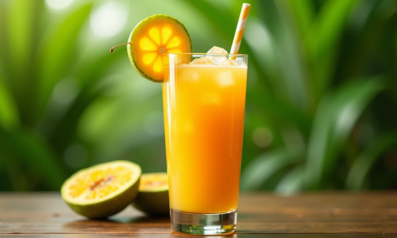 Copo alto de suco de sapoti refrescante com gelo e fatia da fruta.