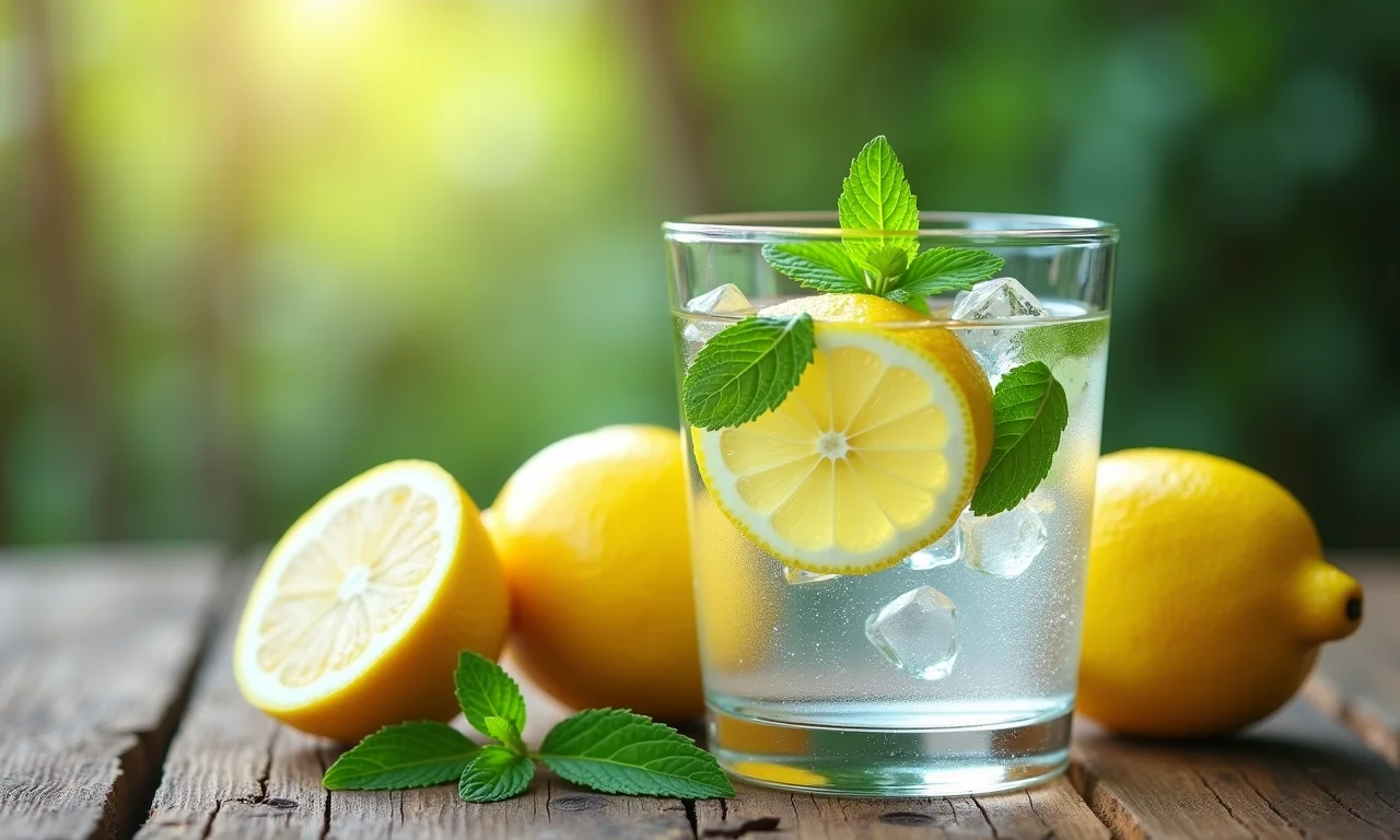 Copo de água fresca com limão e hortelã em mesa de madeira, representando a hidratação para o intestino.
