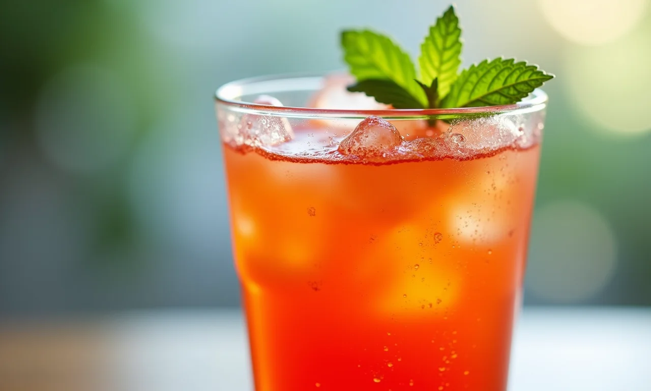 Copo de suco de bacupari refrescante, com gelo e hortelã.