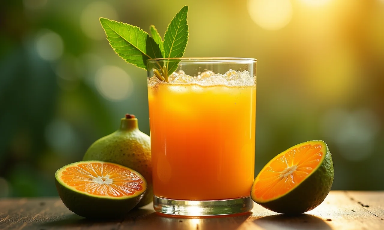 Copo de suco de buriti refrescante com frutas e folhas.