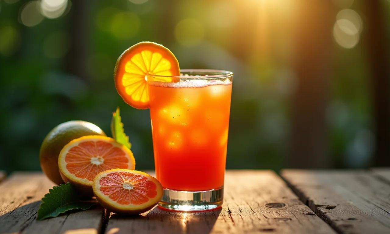 Copo de suco de gabiroba refrescante em mesa de madeira rústica.