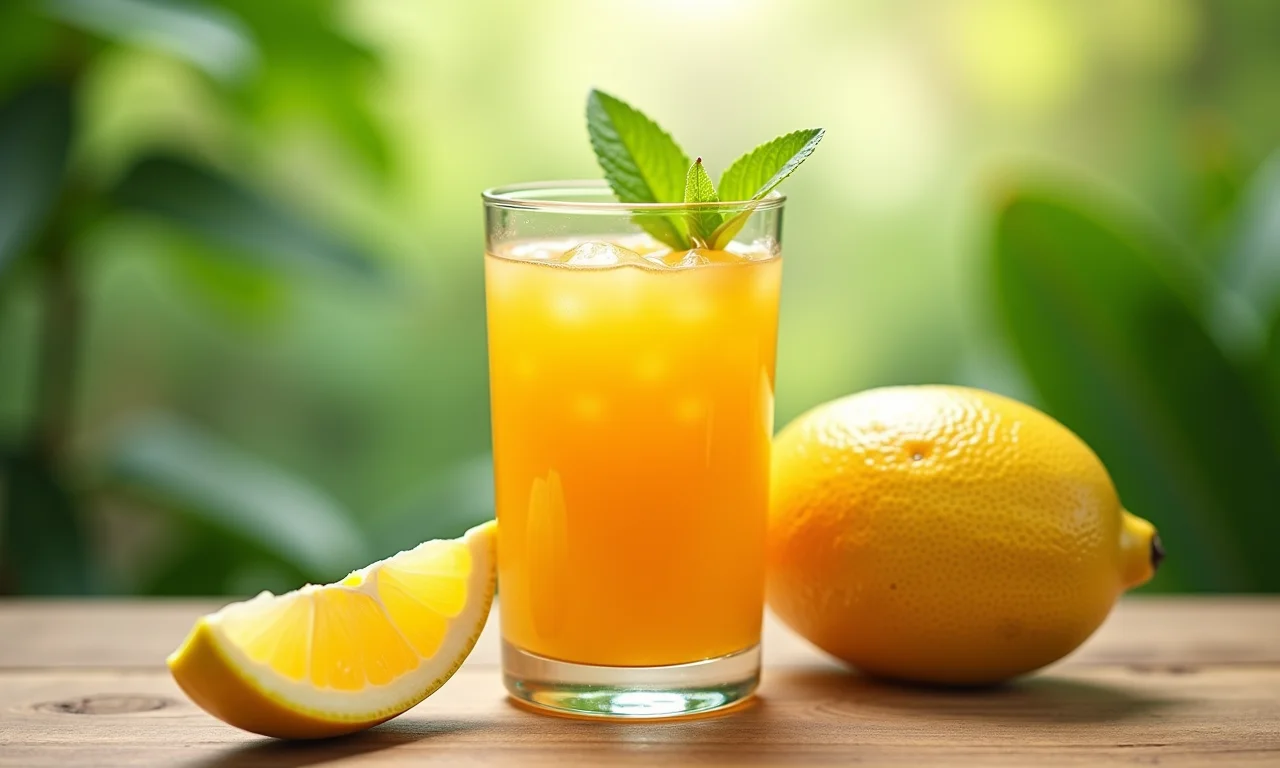 Copo de suco de pitomba refrescante com fundo tropical.