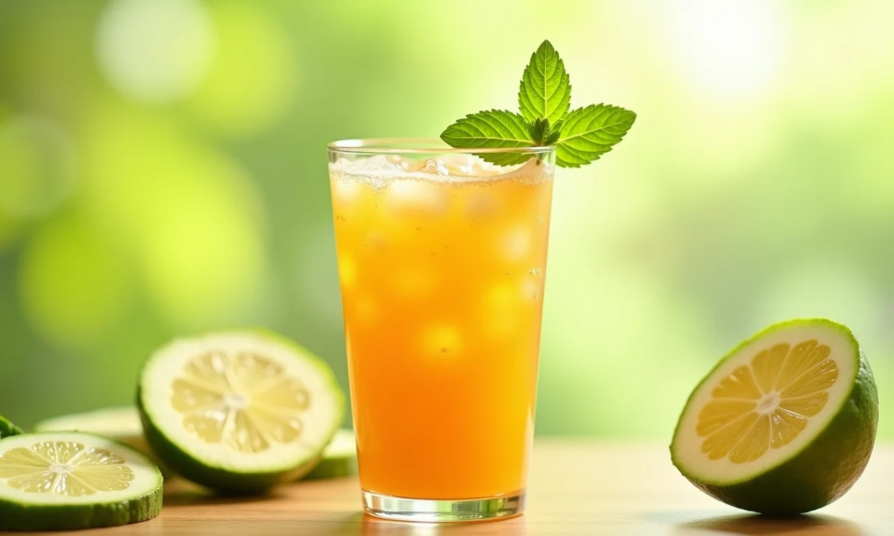 Copo de suco de umbu refrescante com hortelã.