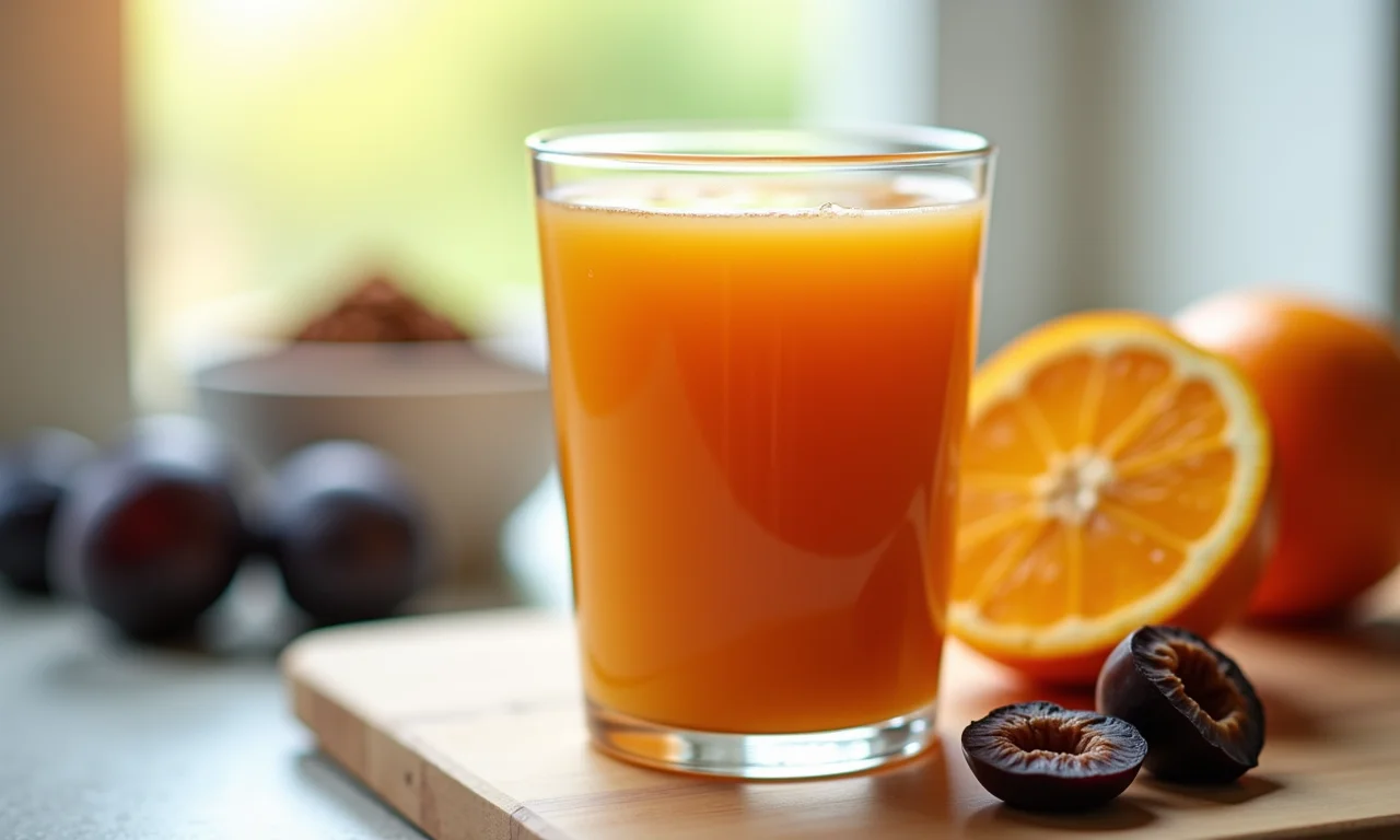 Copo de suco laxativo caseiro, representando uma receita fácil e eficaz para o intestino.