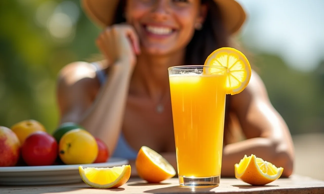 Copo de suco refrescante de sete-capotes em um dia ensolarado no Brasil.