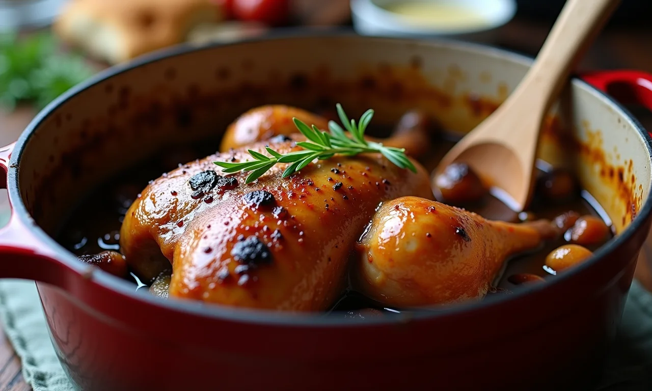 Coq au vin borbulhando em panela rústica, pronto para servir.
