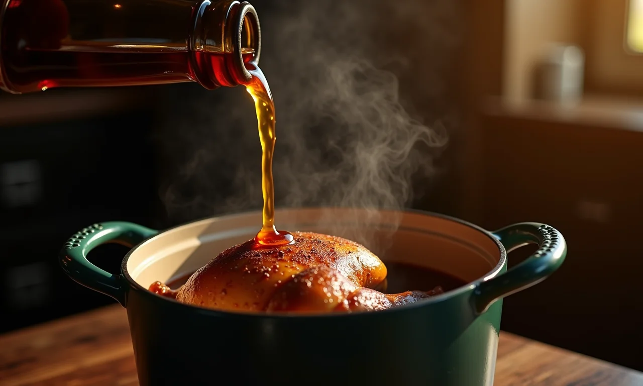 Coq au vin com cerveja sendo adicionada à panela.