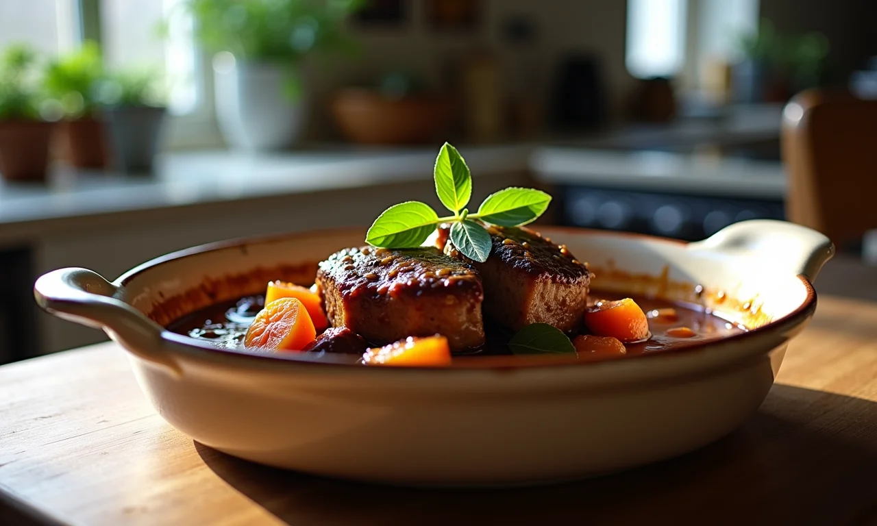 Coq au vin tradicional servido em travessa de cerâmica.