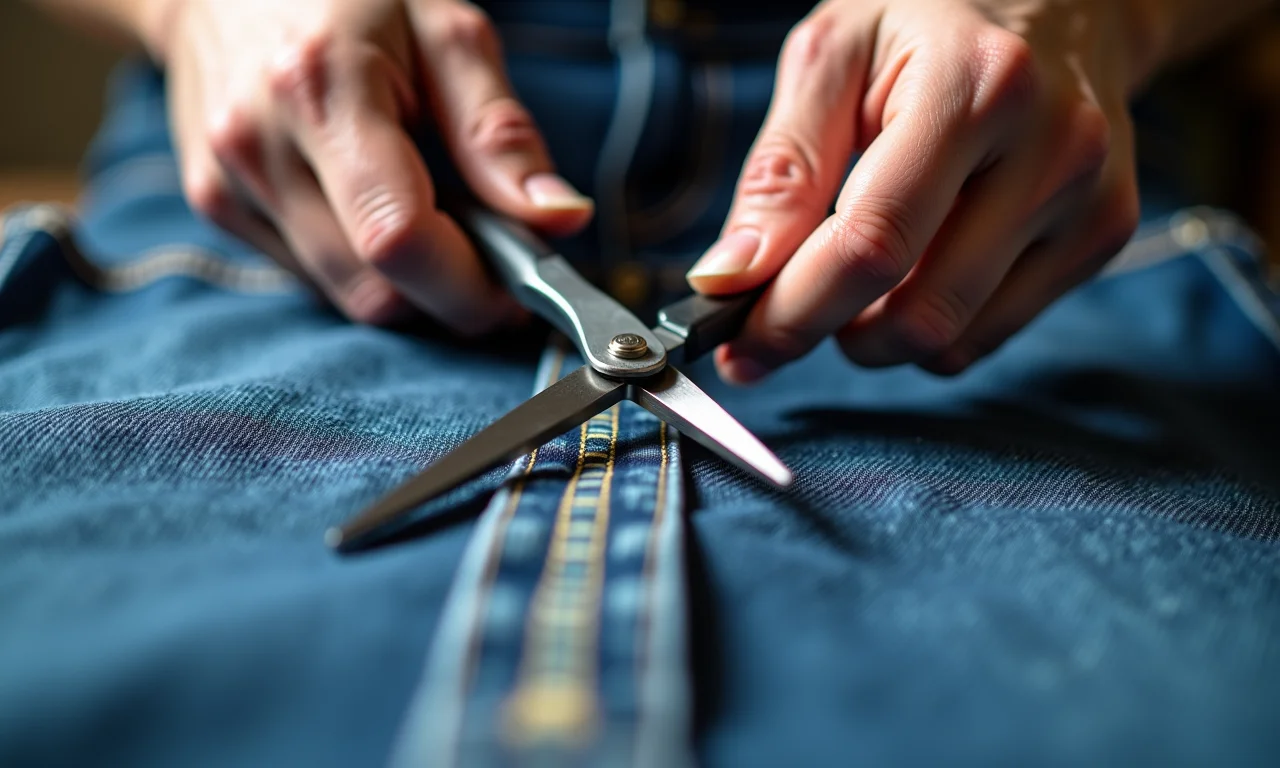 Cortando a calça jeans para criar o colete.