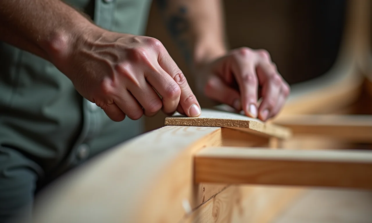 Cortando e lixando peças de madeira para gôndola.