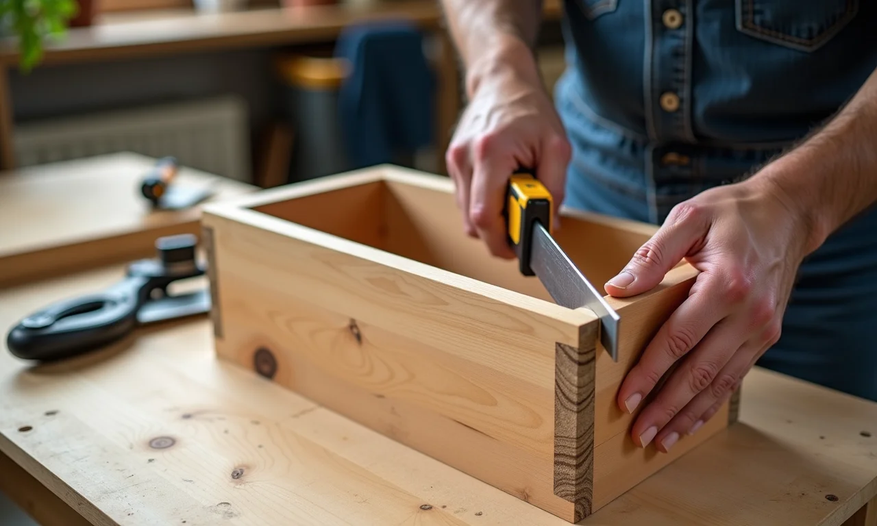 Cortando e montando a estrutura do baú de madeira reciclada.