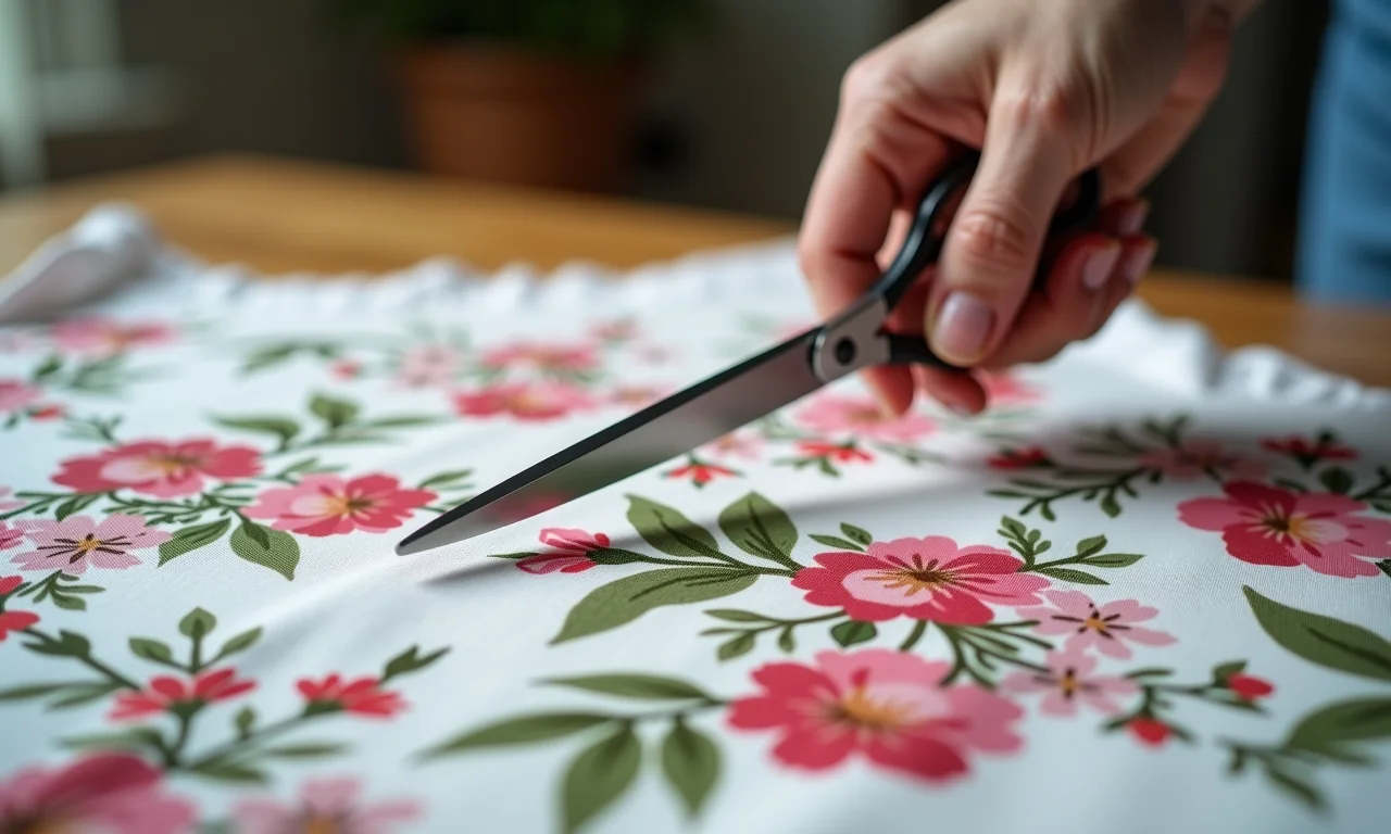 Cortando tecido floral com tesoura para blusa ciganinha.