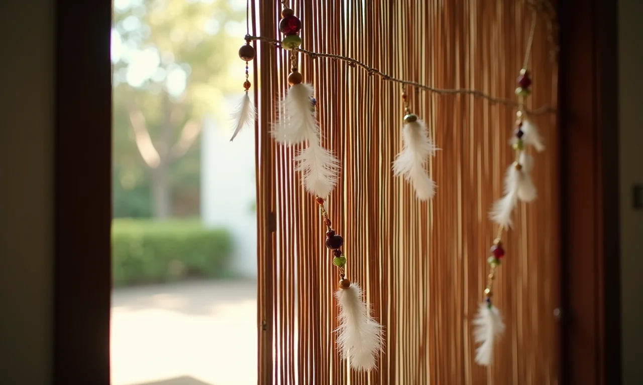 Cortina de bambu com detalhes decorativos.
