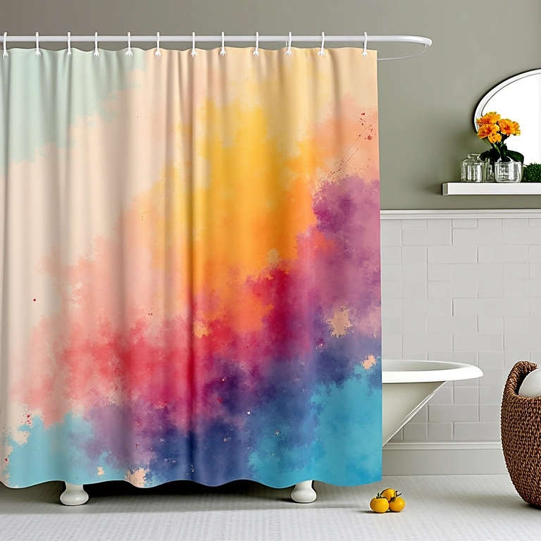 Cortina de box criativa com estampa colorida em um banheiro moderno.