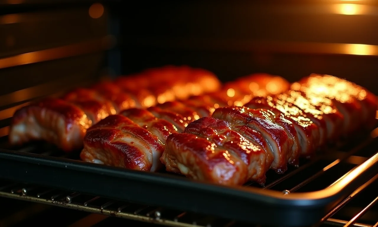 Costela suína assando no forno, dourada e caramelizada.