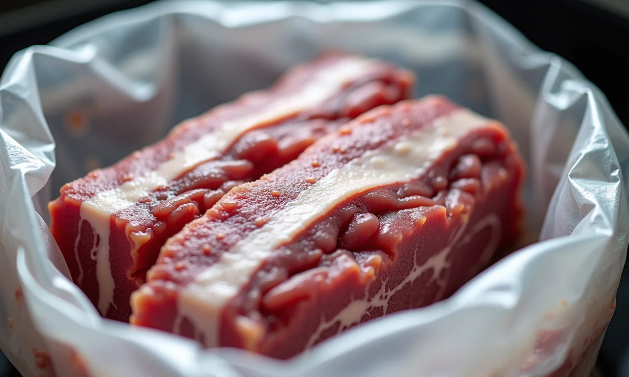 Costela suína congelada em saco selado a vácuo.