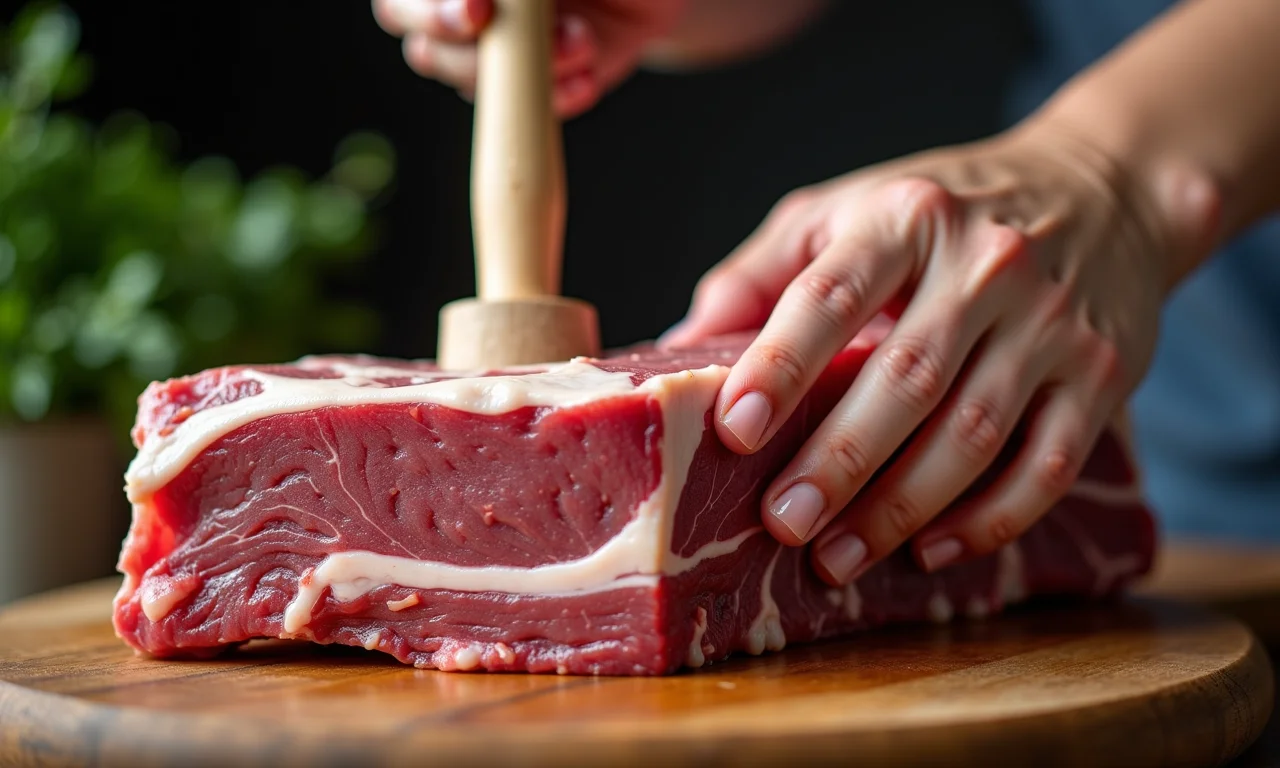 Costela suína crua sendo amaciada com um martelo de carne.