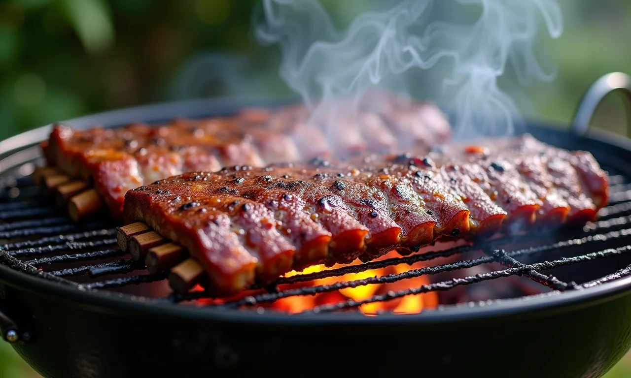 Costela suína grelhando na churrasqueira, com fumaça e chamas.
