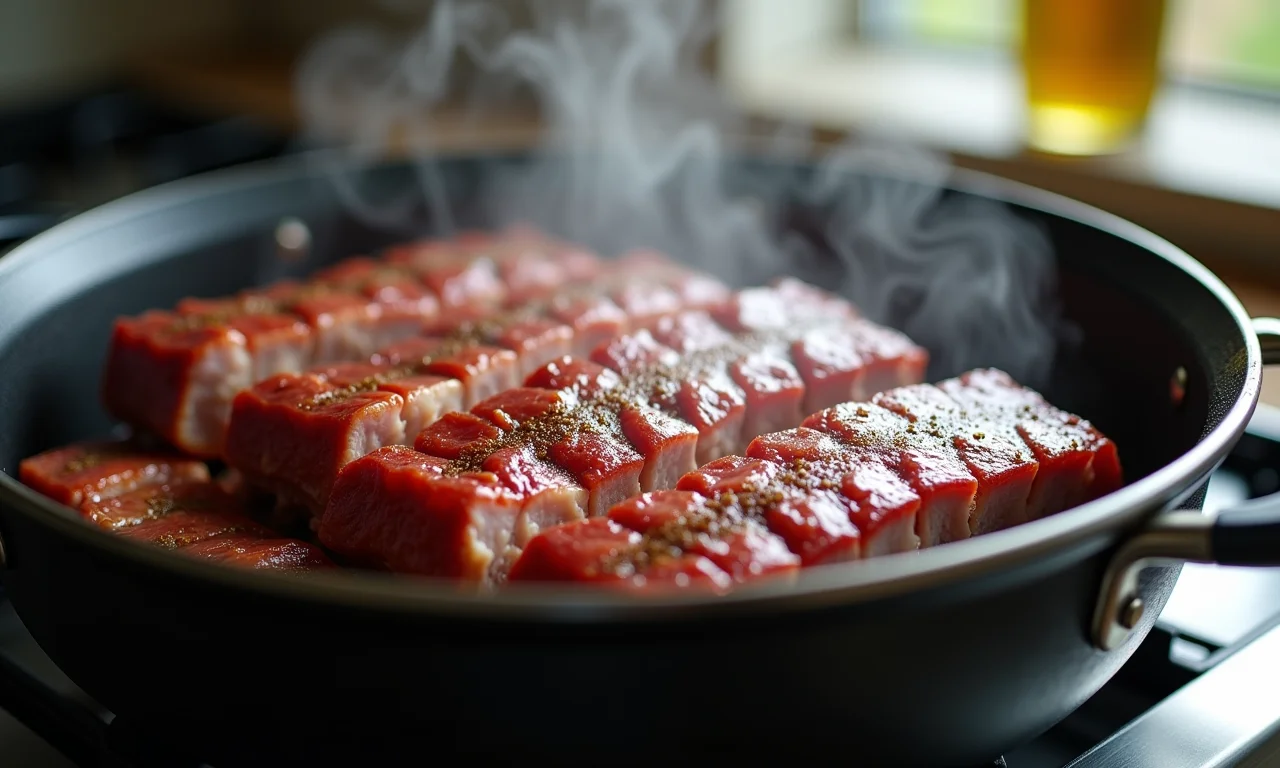Costela suína na panela de pressão, com vapor saindo.