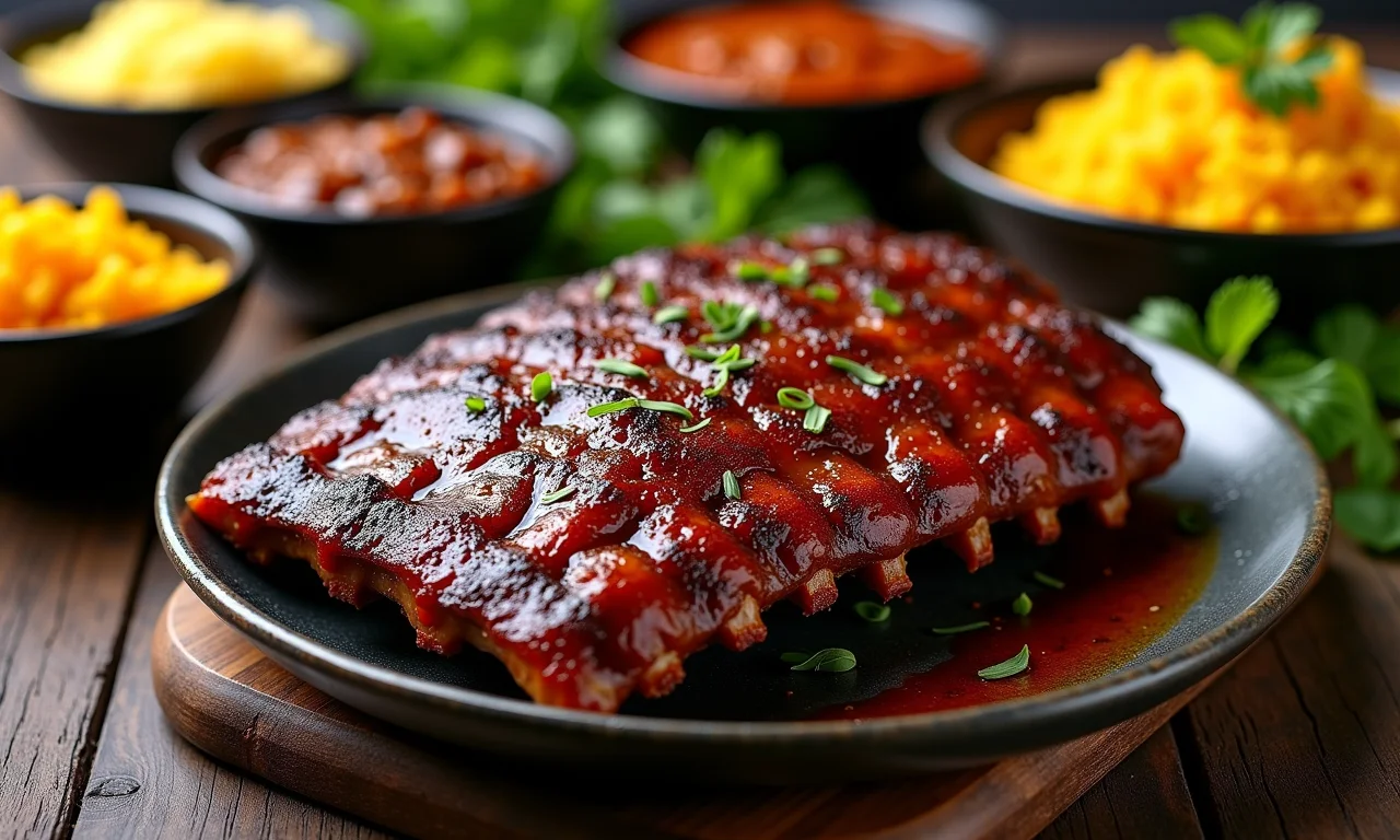 Costela suína servida com arroz, feijão e farofa.