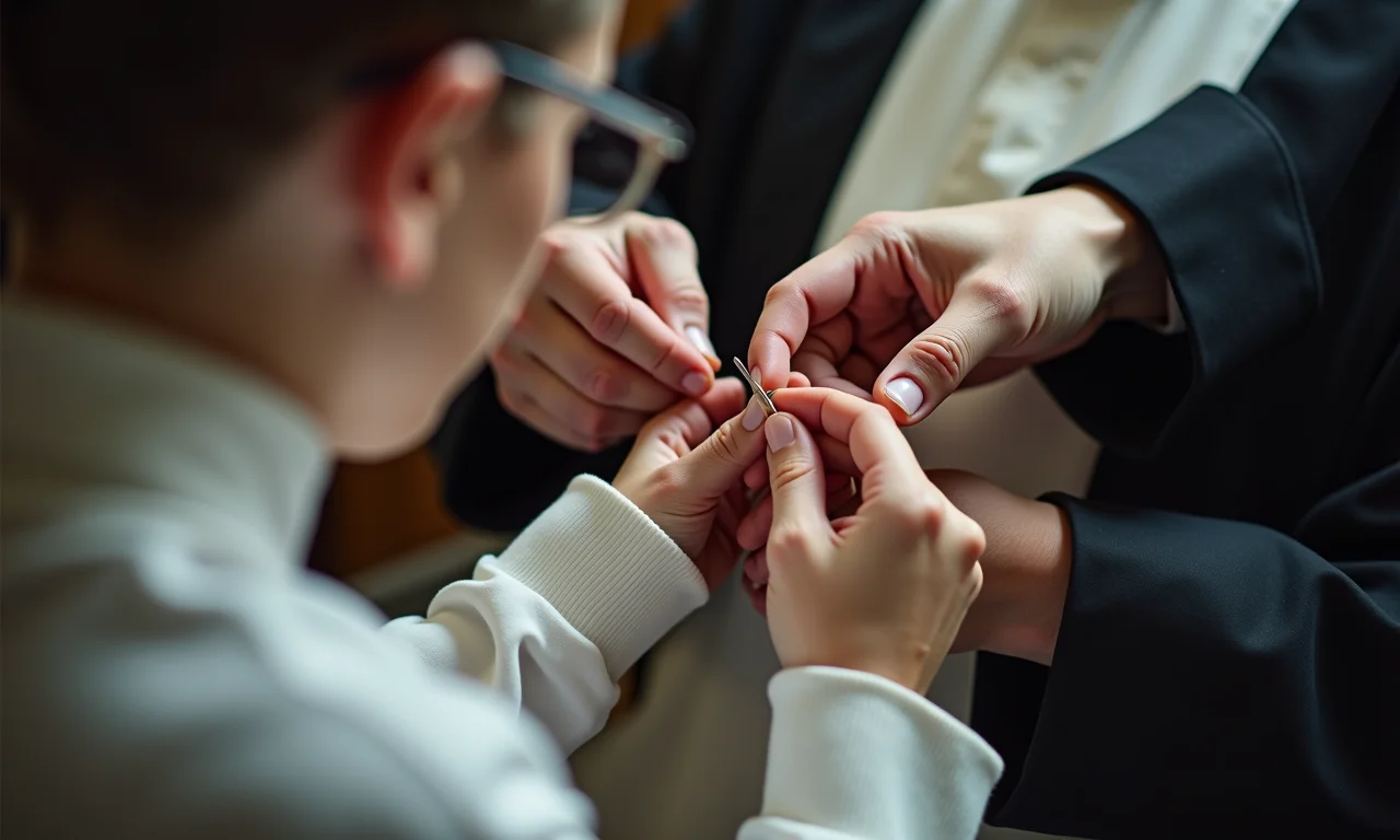 Costurando à mão uma túnica de padre com cuidado e precisão.