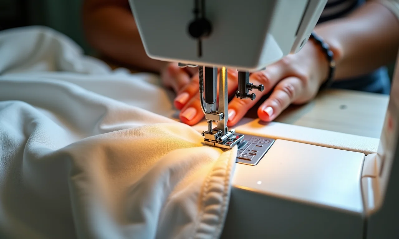 Costurando as laterais da blusa ciganinha em máquina de costura.