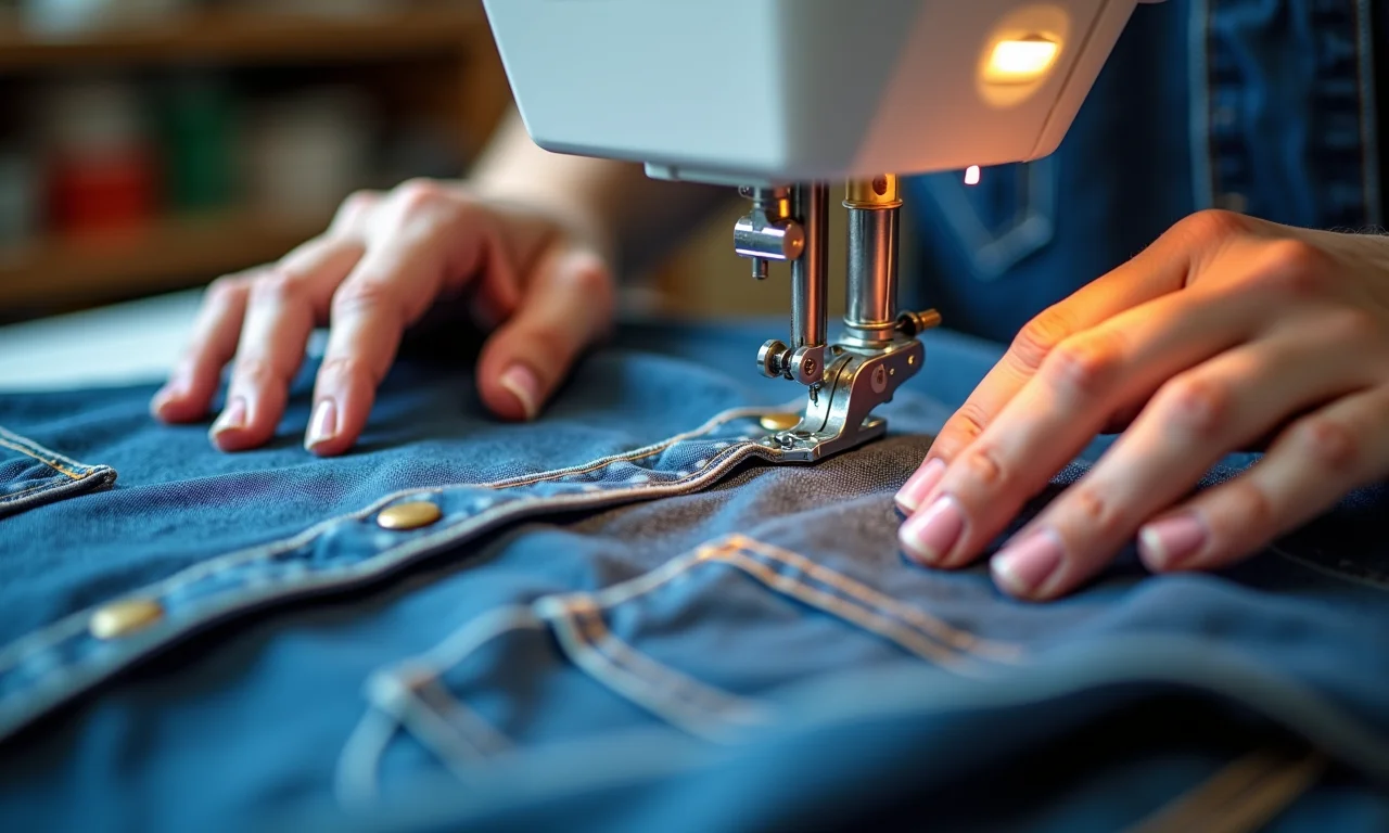 Costurando as laterais do colete jeans na máquina.