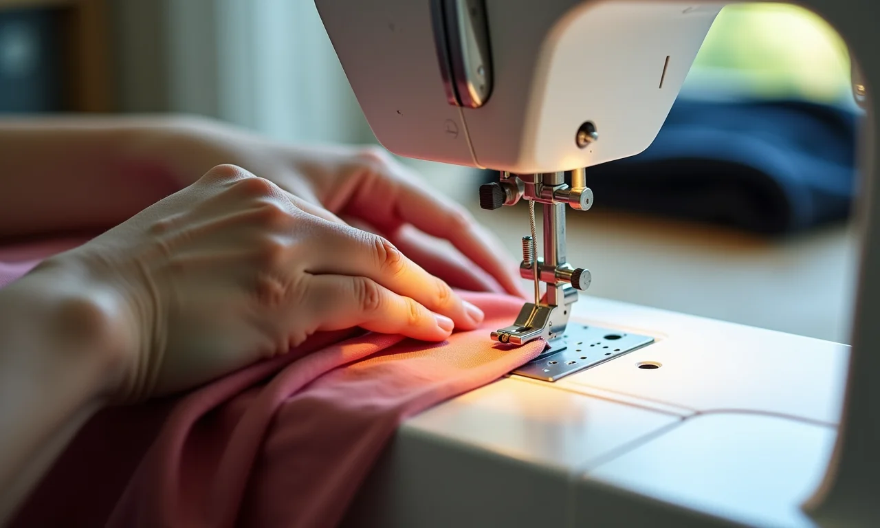 Costurando regata de viscose na máquina.