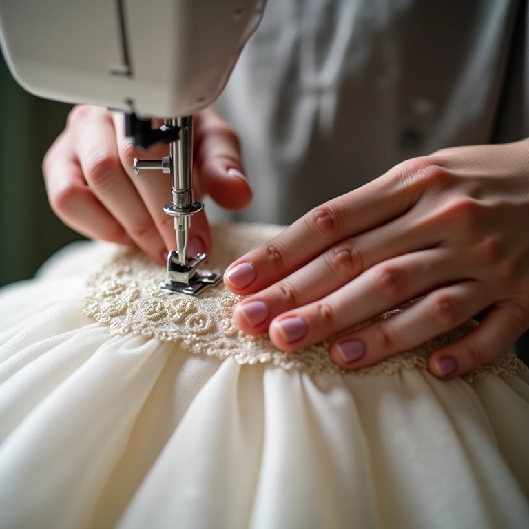Costureira aplicando detalhes em vestido de princesa.