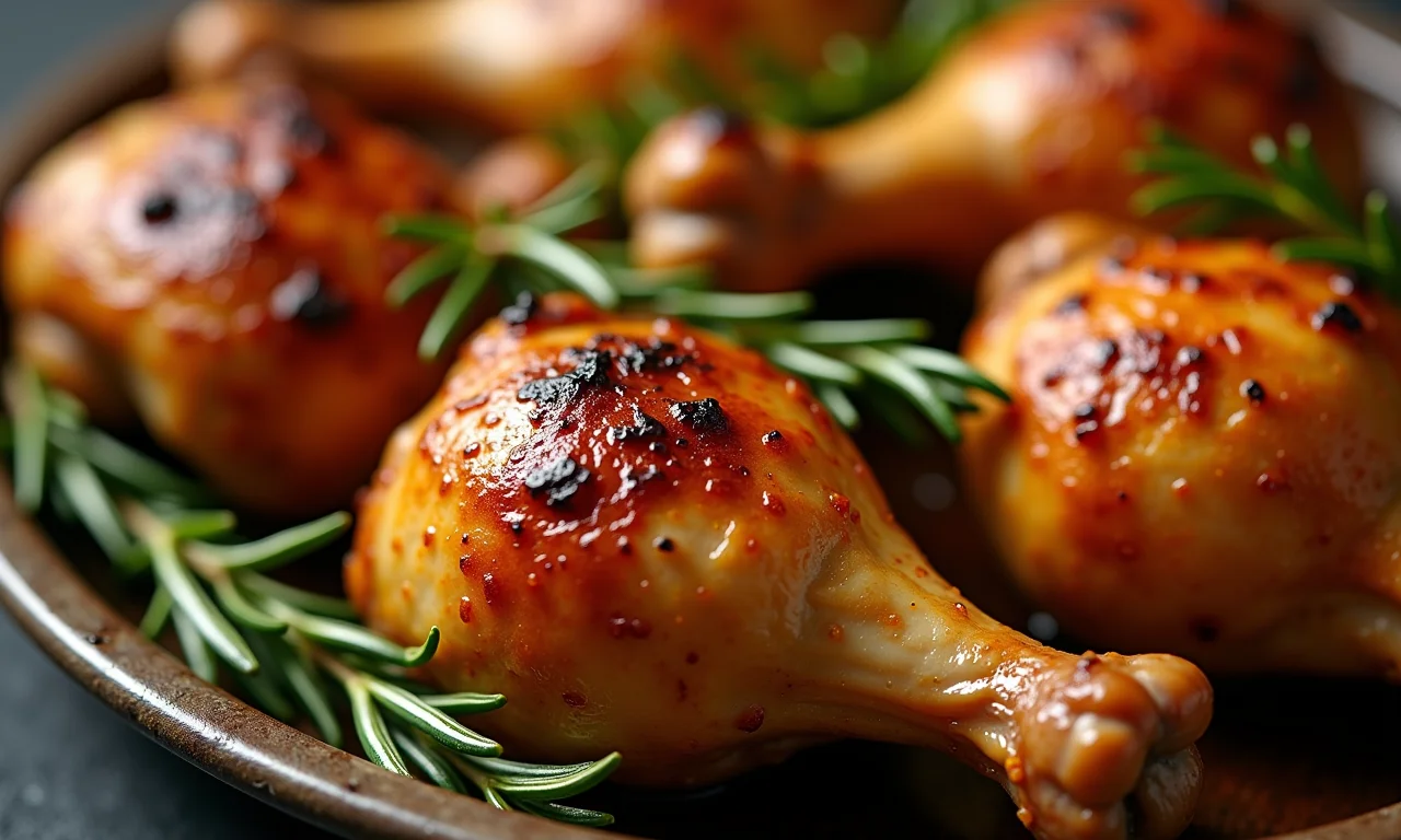 Coxas e sobrecoxas de frango assadas com alecrim.