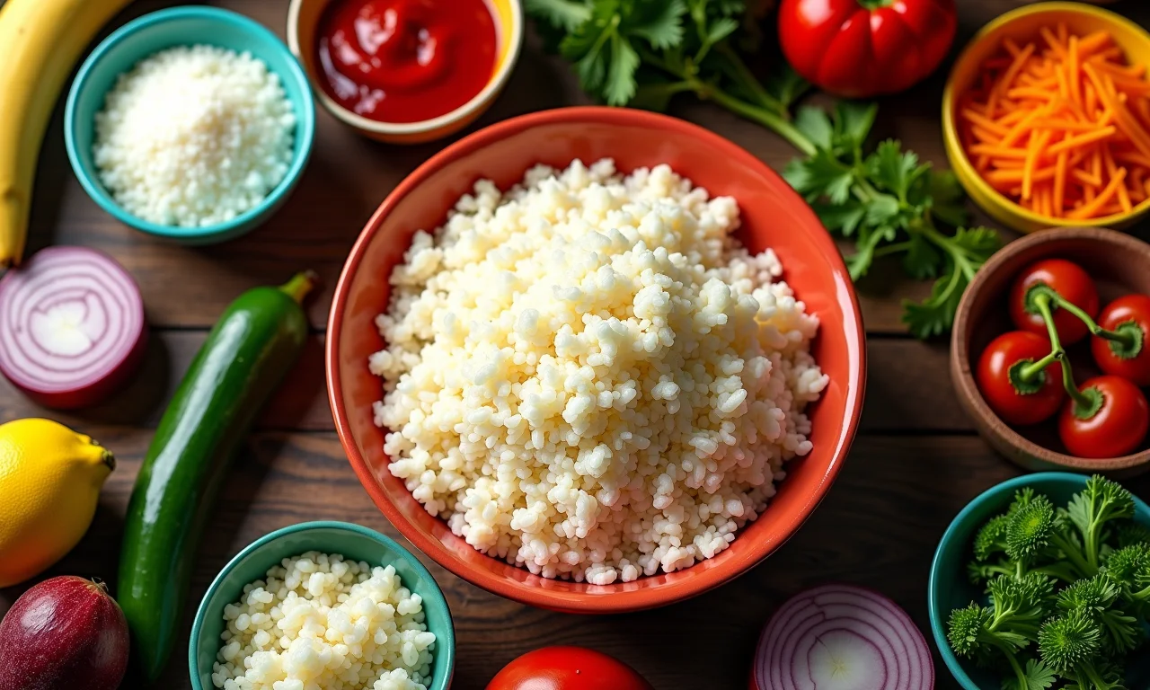 Cozinha brasileira colorida com ingredientes e sobras de arroz prontas para receitas criativas.