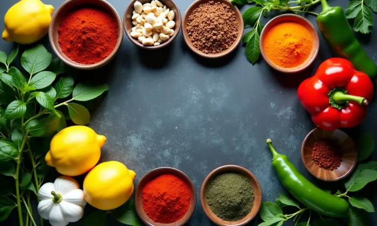 Cozinha brasileira vibrante com temperos coloridos e ingredientes frescos.
