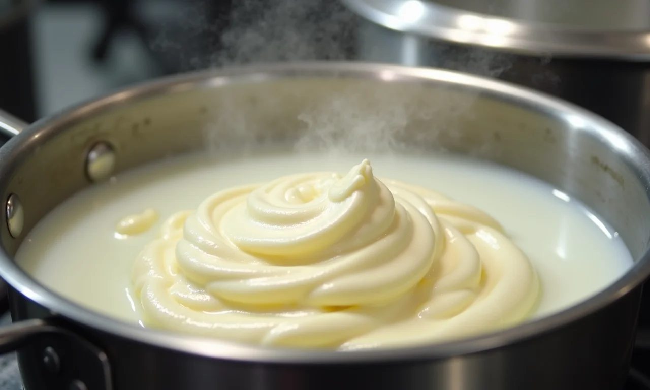 Cozinhando claras em neve no leite fervente.