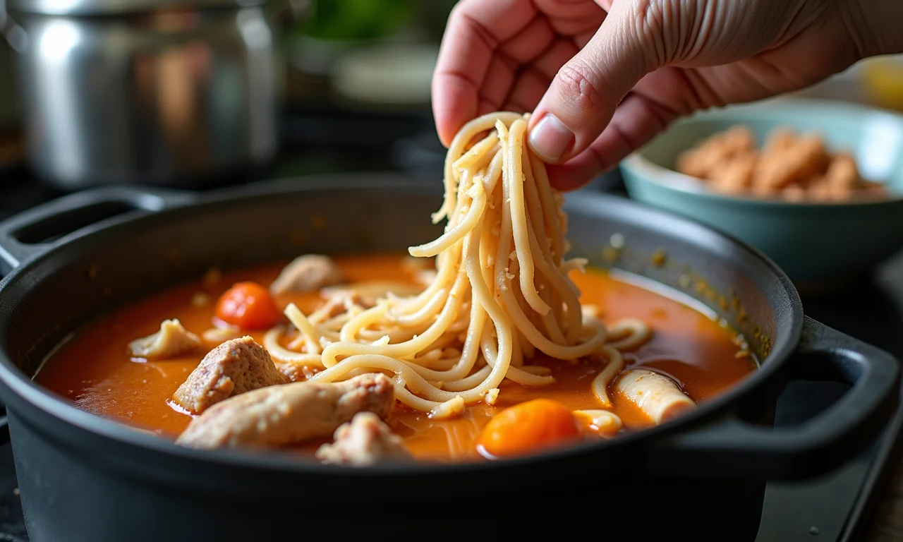 Cozinheira adicionando frango desfiado ao caldo de mandioquinha.