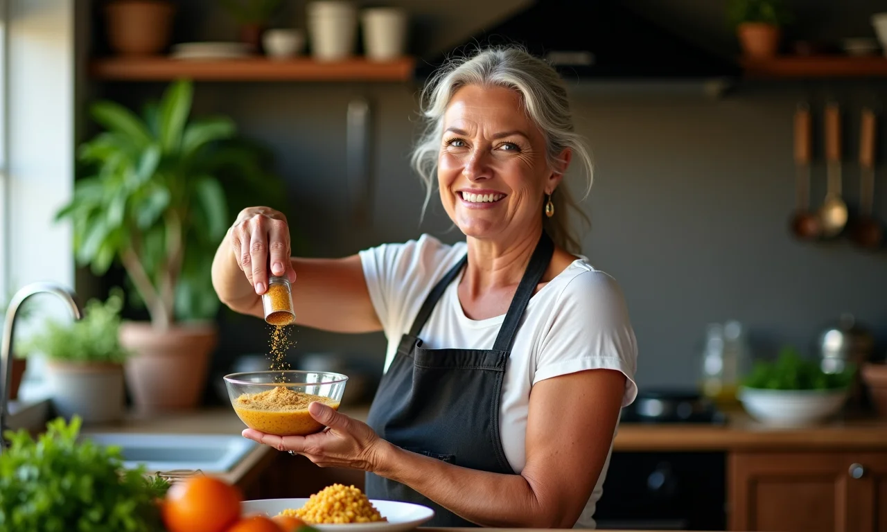 Cozinheira experiente adicionando um toque especial ao feijão tropeiro.