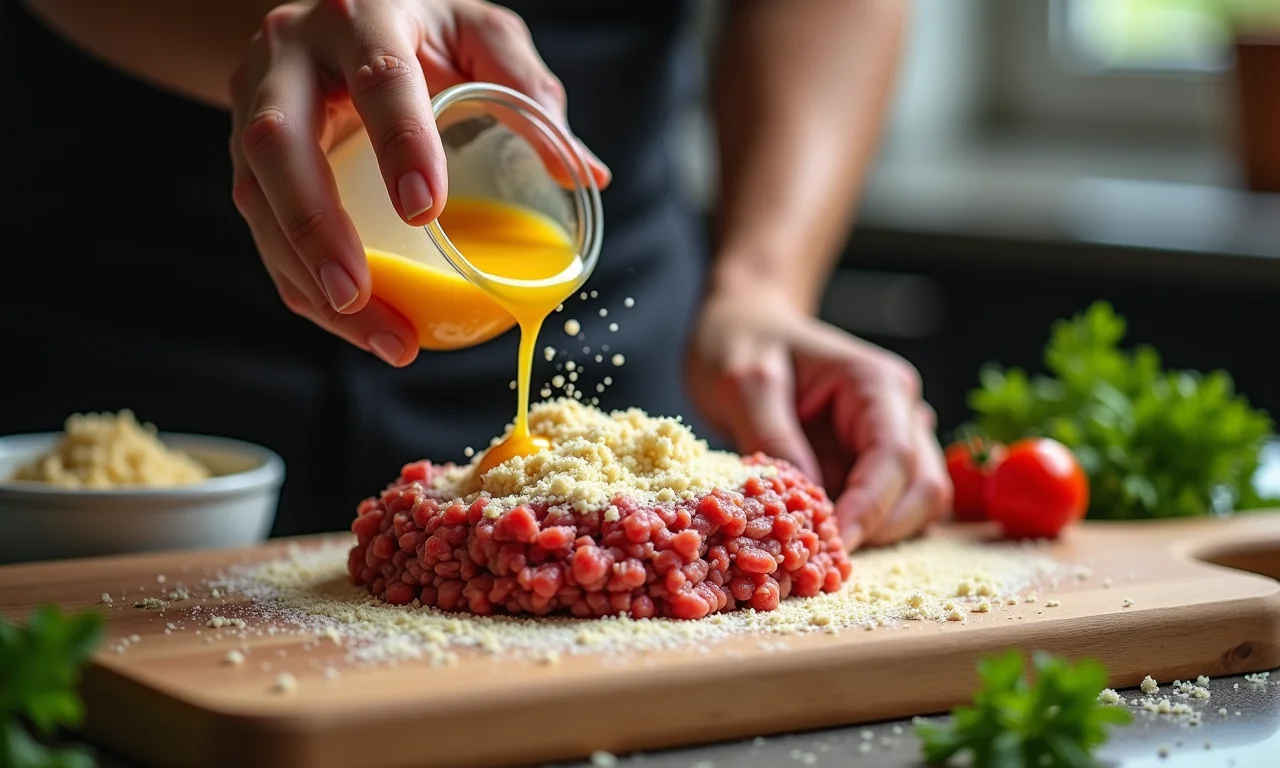 Cozinheiro adicionando liga à carne moída para dar sustentação aos bolinhos.