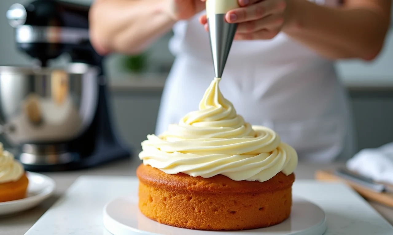 Creme Chiboust, a alma da Torta Saint Honoré, sendo aplicado delicadamente.